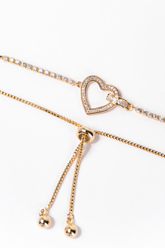 Love CZ Heart Adjustable Bracelet - Gold