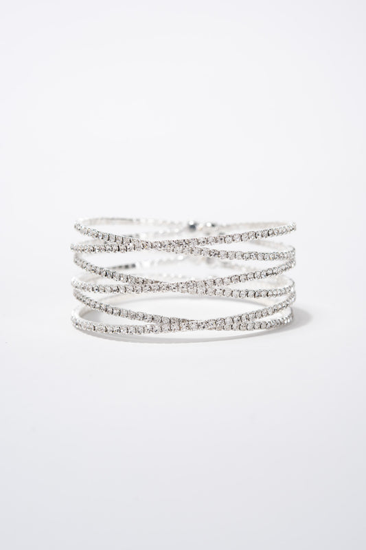 Leslie Crossed Rhinestone Cuff | Silver