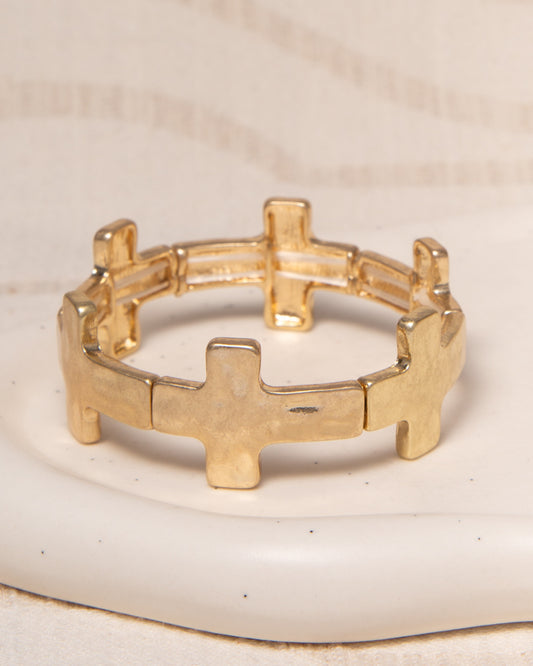 Mary Rough Finish Latin Cross Bead Stretch Bracelet | Gold