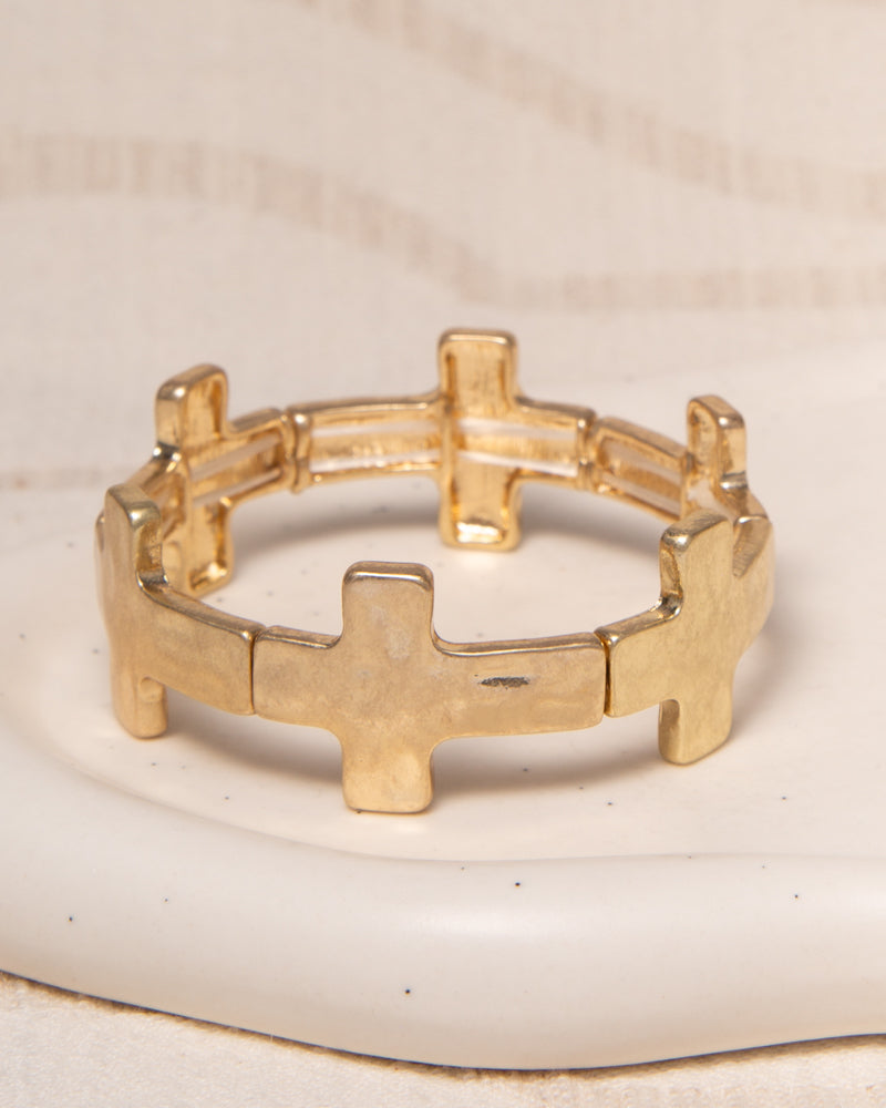 Mary Rough Finish Latin Cross Bead Stretch Bracelet | Gold