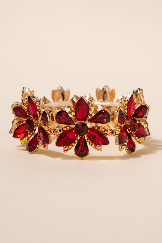 Flower Blossom Glass Stone Stretch Bracelet | Red