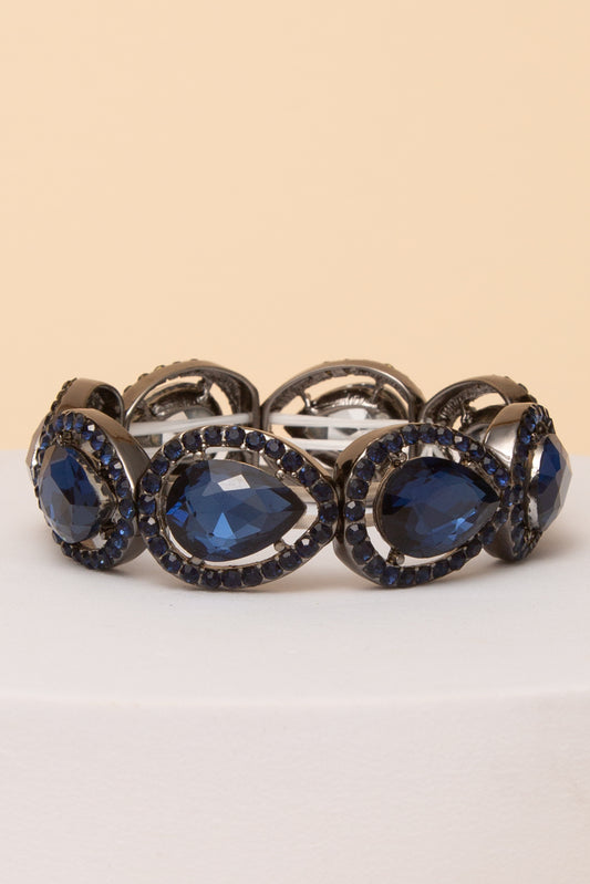 Viviana Rhinestone Bezeled Teardrop Cut Crystal Stretch Bracelet | Navy