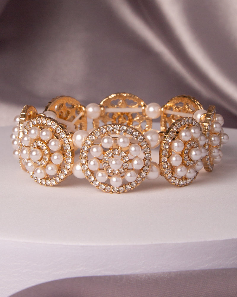 Teresa Crystal Rhinestone and Pearl Disc Stretch Bracelet | Gold