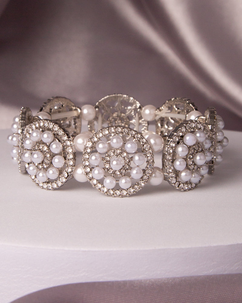 Teresa Crystal Rhinestone and Pearl Disc Stretch Bracelet | Silver