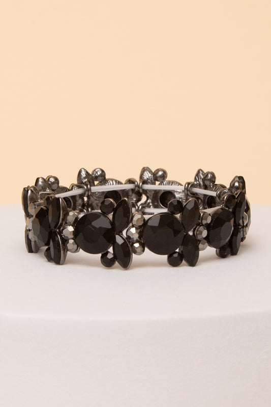 Carolina Baroque Crystal Gemstone Cluster Stretch Bracelet | Black