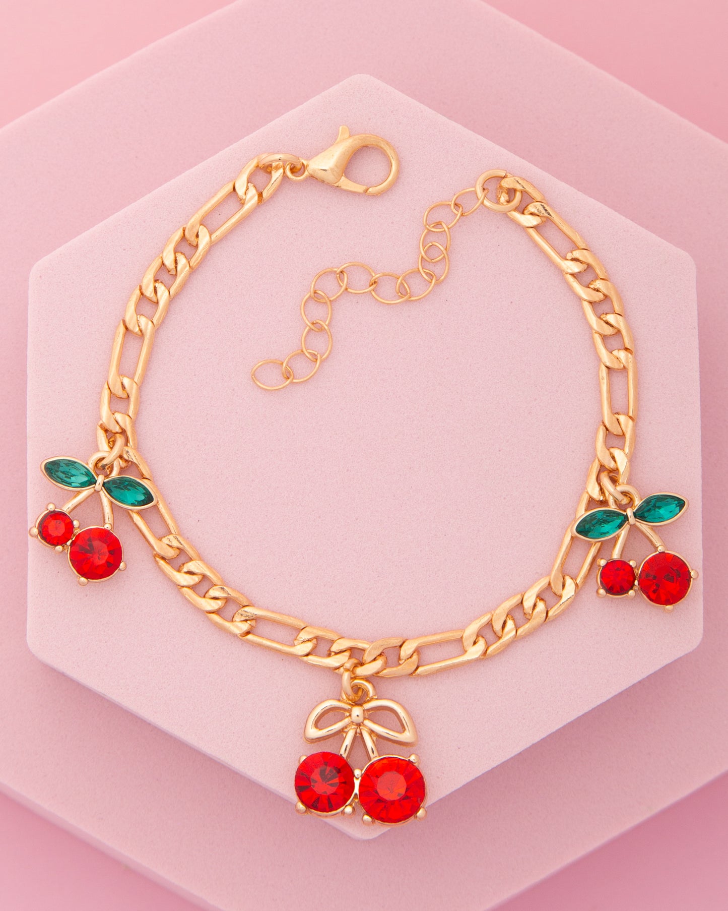 Samantha Crystal Embellished Red Cherry Charm Bracelet with Chain