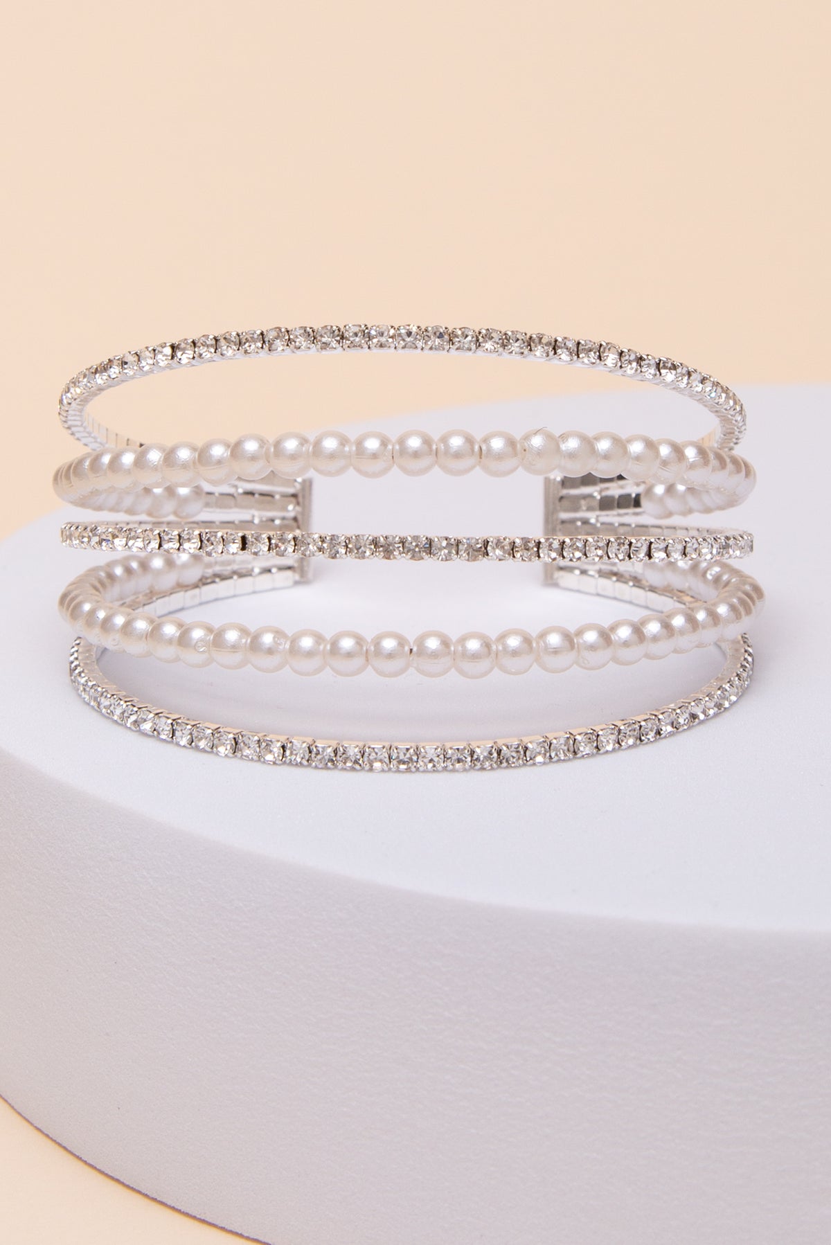 Josephine Multi-Row Crystal & Pearl Cuff Bracelet | Silver