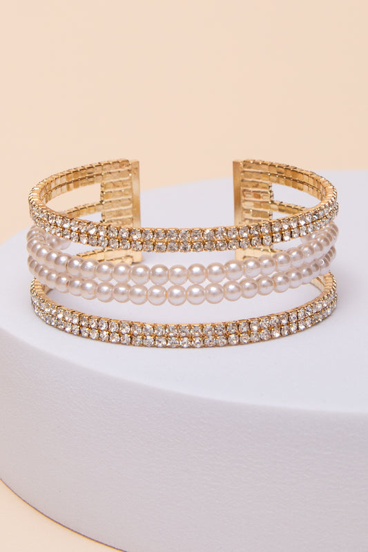 Lillian Multi-Row Crystal & Pearl Inlay Cuff Bracelet | Gold