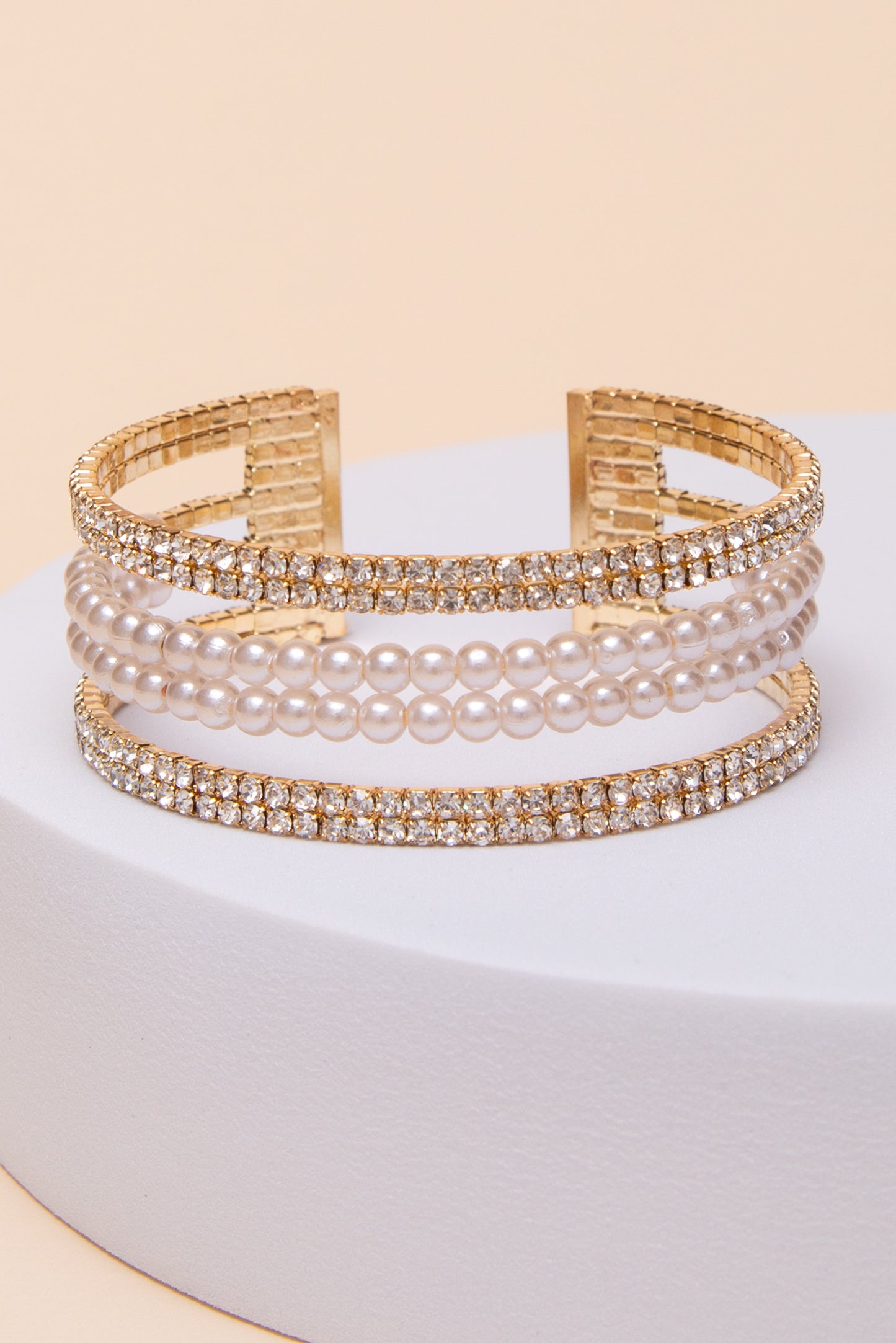 Lillian Multi-Row Crystal & Pearl Inlay Cuff Bracelet | Gold
