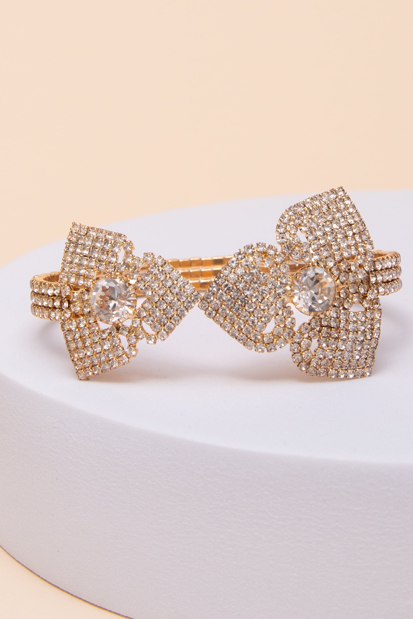 Ruby Crystal Rhinestone Pavé Cuff Bracelet with Bow Tie Design | Gold