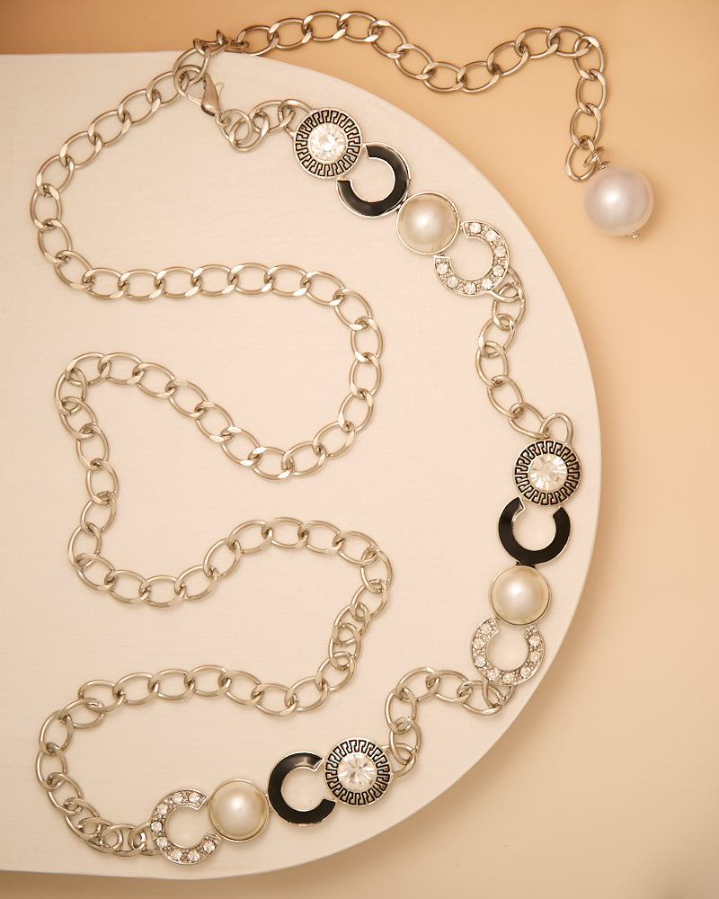 Ariella Greek Key Fashionista Crystal Pearl Chain Link Belt | Silver