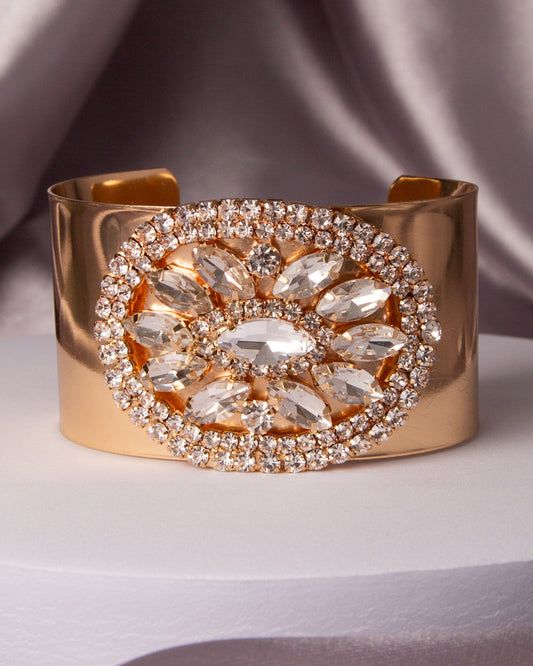 Deborah Floral Gems Crystal Cluster Cuff Bangle Bracelet | Gold