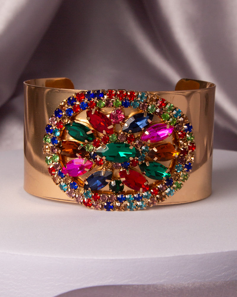 Deborah Floral Gems Crystal Cluster Cuff Bangle Bracelet | Gold