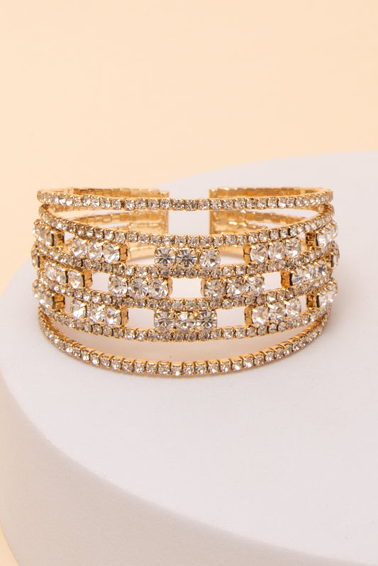 Naomi Geometric Openwork Rhinestone Cuff Bracelet | Gold