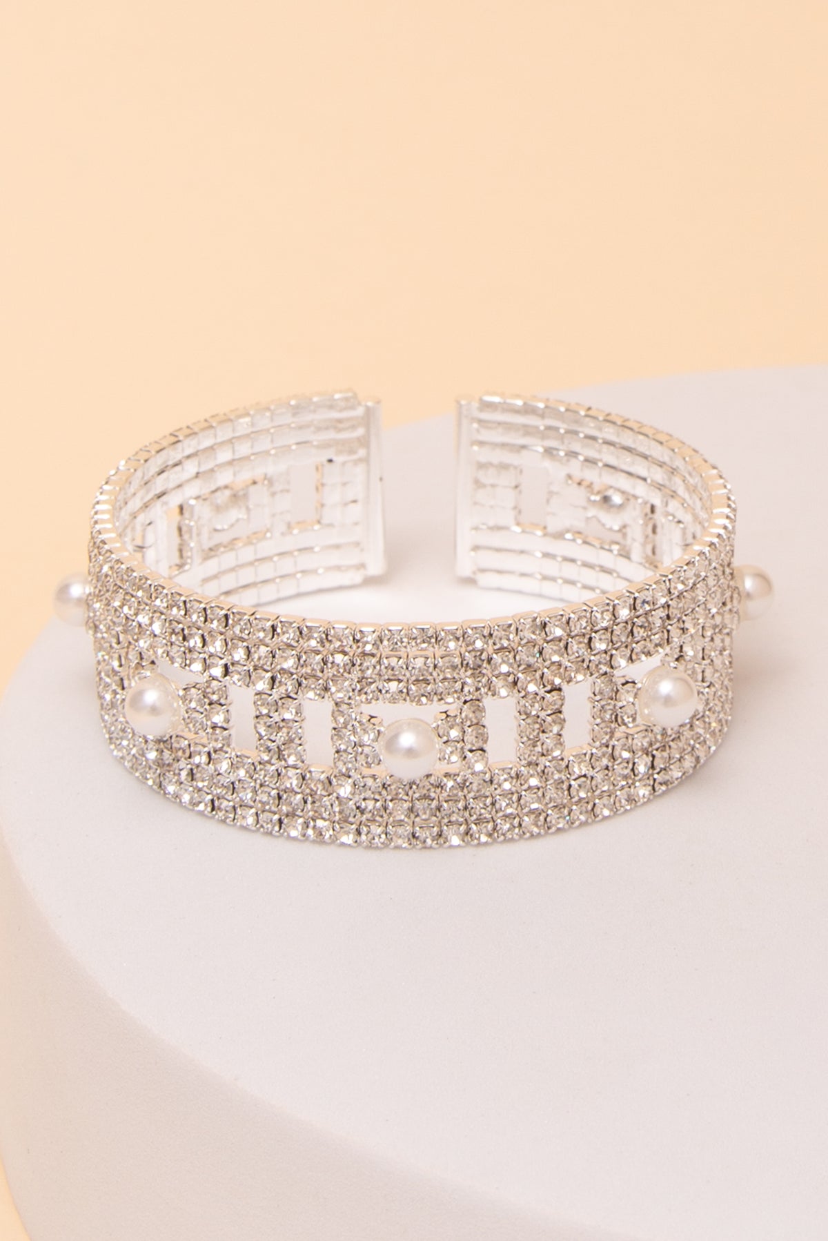 Eloise Open Frame Pearl And Rhinestone Geometric Cuff Bracelet