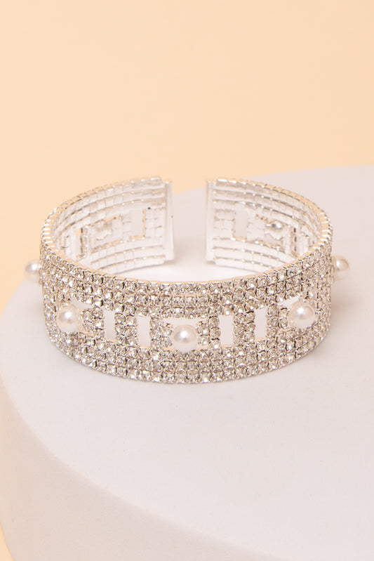 Eloise Open Frame Pearl And Rhinestone Geometric Cuff Bracelet