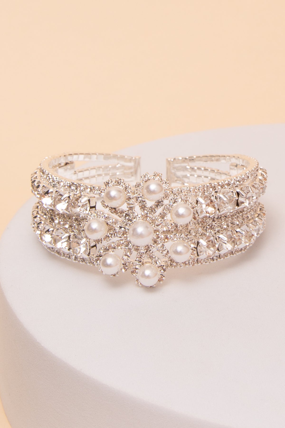 Ariel Pearl Flower Cluster Rhinestone Cuff Bracelet