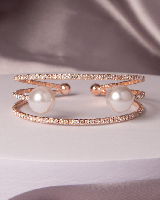Luisa Rhinestone Pavé Open Pearl Inlay Cuff Bracelet | Gold