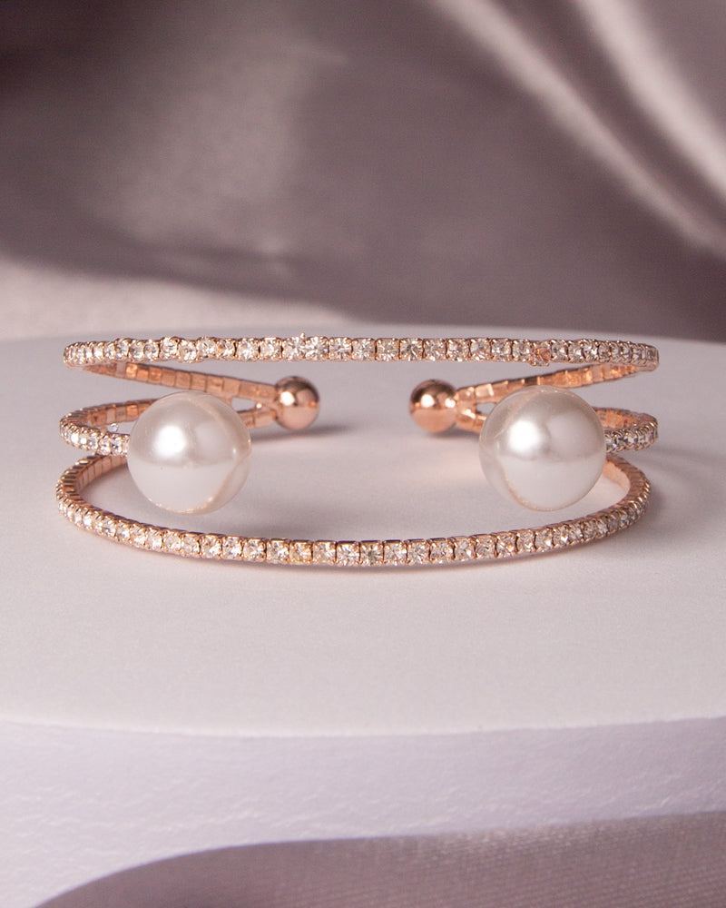 Luisa Rhinestone Pavé Open Pearl Inlay Cuff Bracelet | Gold