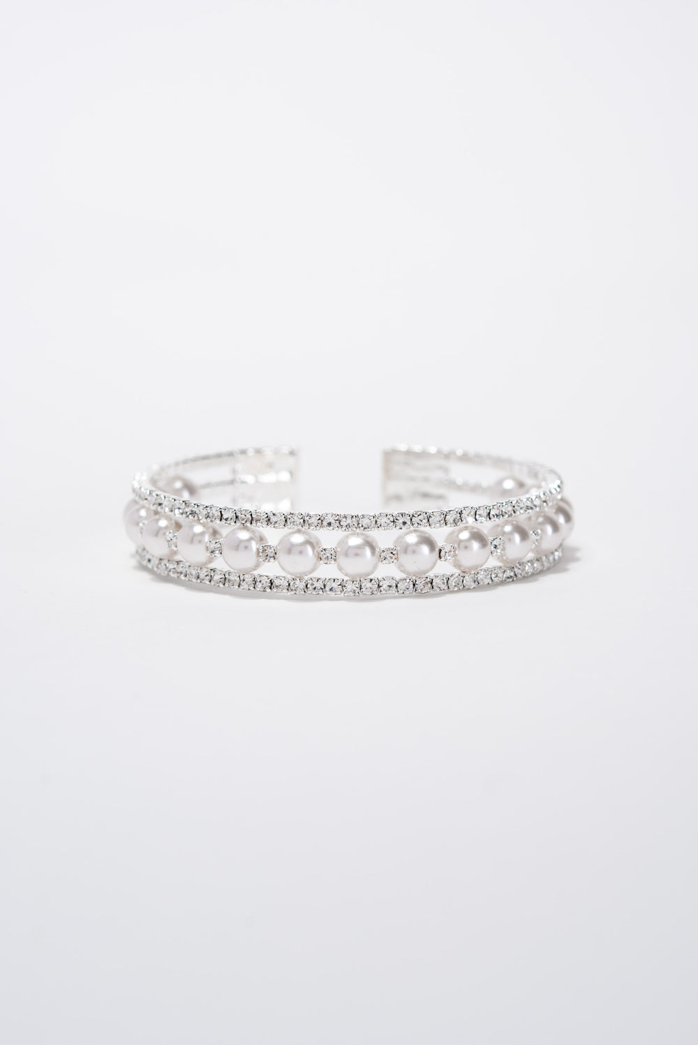 Maeve 3 Line Crystal Rhinestone Pearl Cuff Bracelet