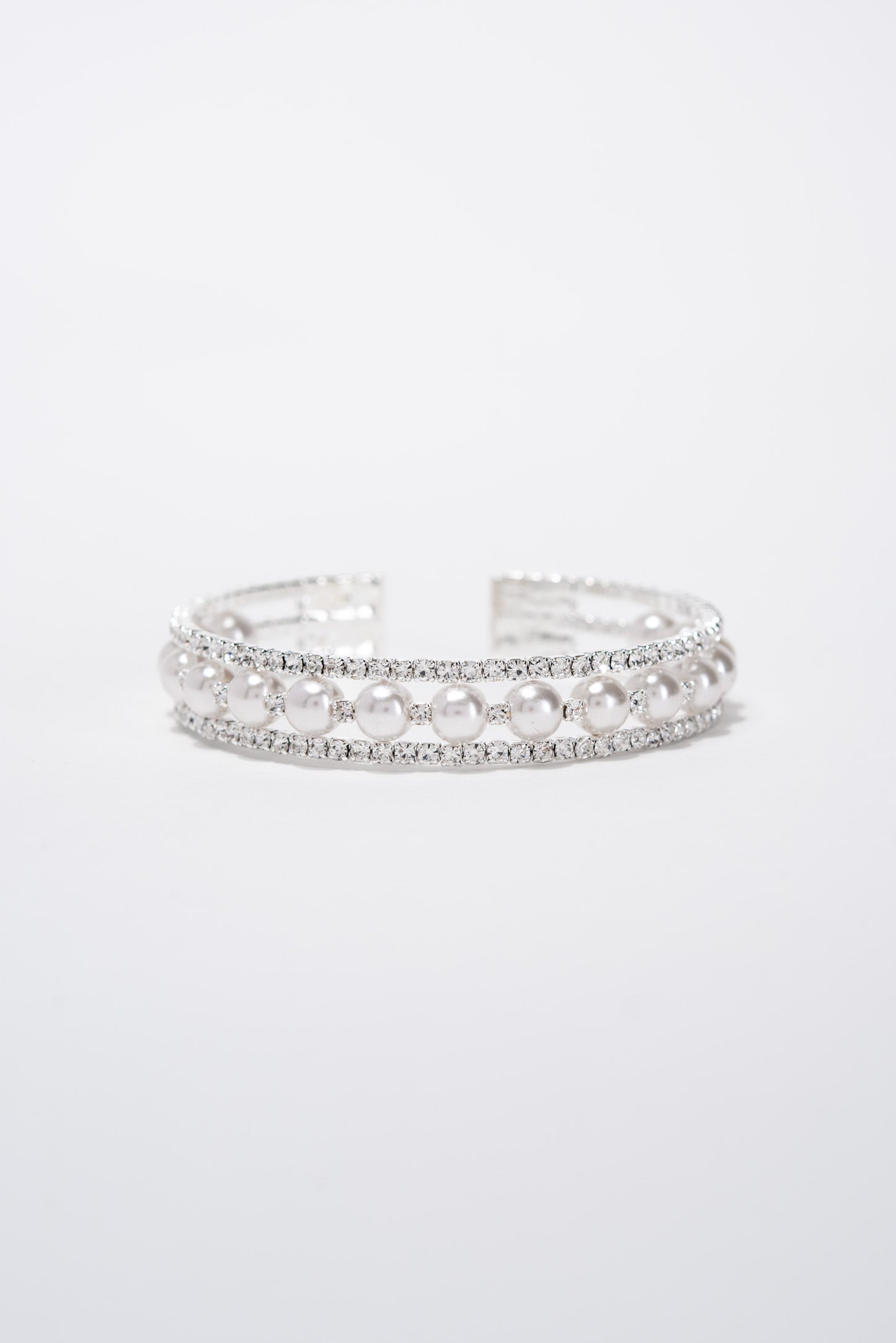 Maeve 3 Line Crystal Rhinestone Pearl Cuff Bracelet