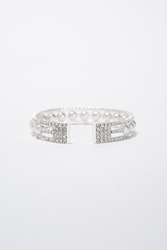 Maeve 3 Line Crystal Rhinestone Pearl Cuff Bracelet