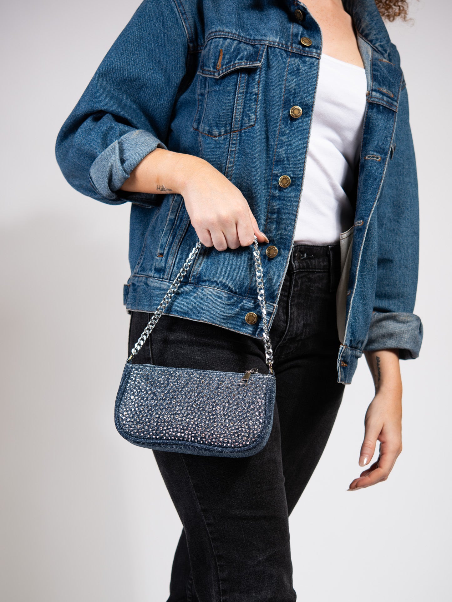 Allegra Denim Stone Studded Shoulder Bag