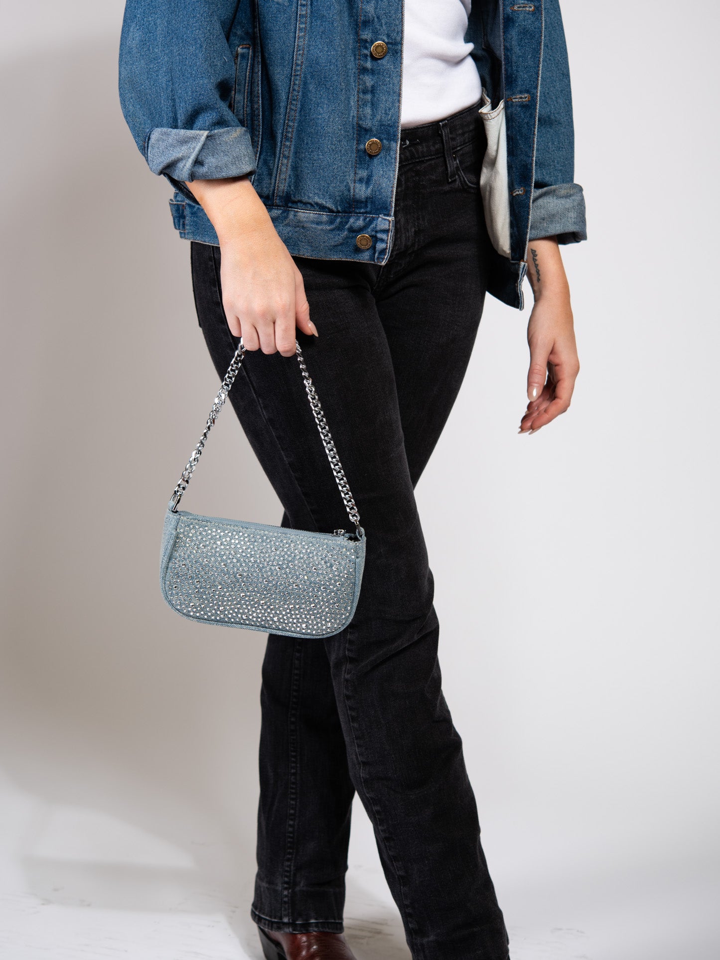 Allegra Denim Stone Studded Shoulder Bag