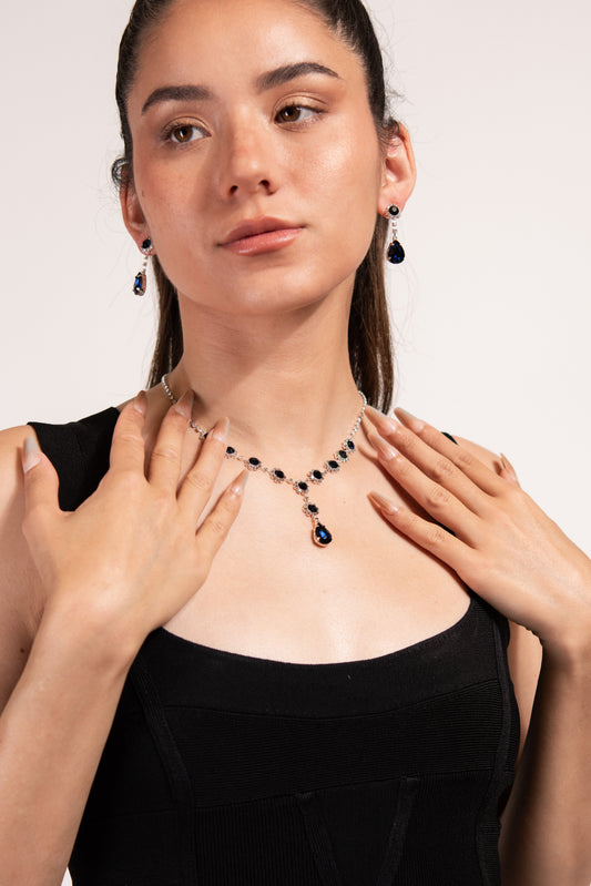 Candace Teardrop Rhinestone Necklace & Earring Set | Navy