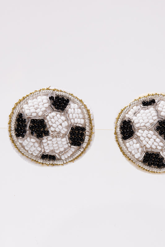 Jen Soccer Beaded Embroidery Stud Earrings - White