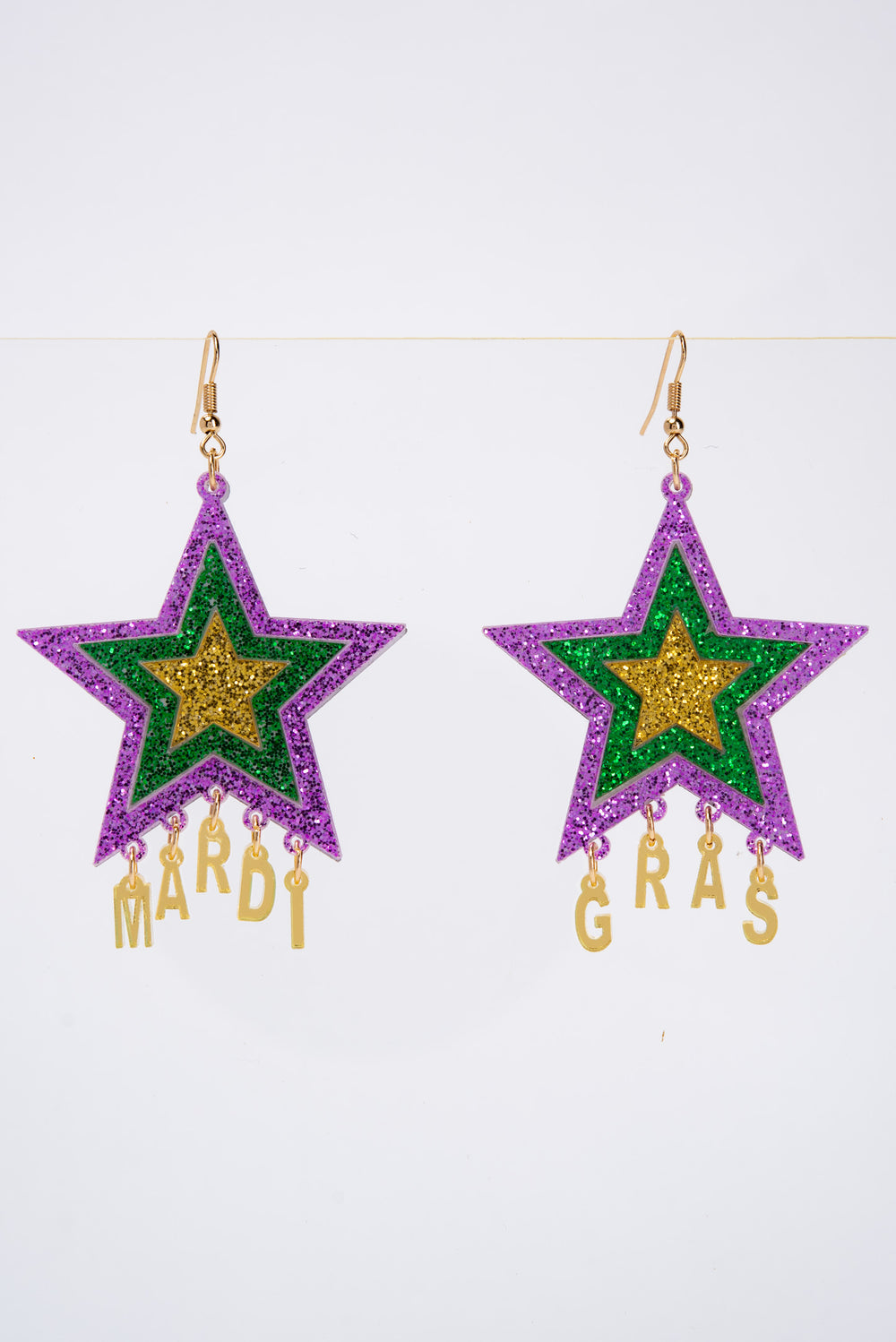 Drea Mardi Gras Dangling Charm Glitter Star Earrings