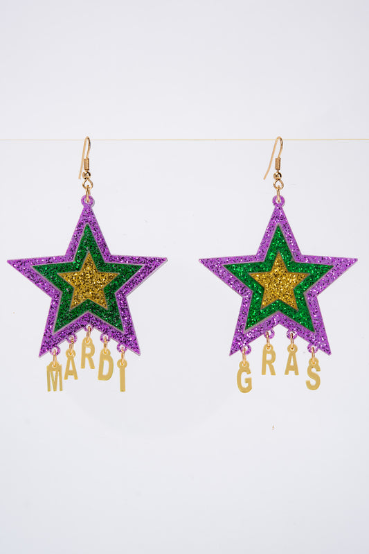 Drea Mardi Gras Dangling Charm Glitter Star Earrings