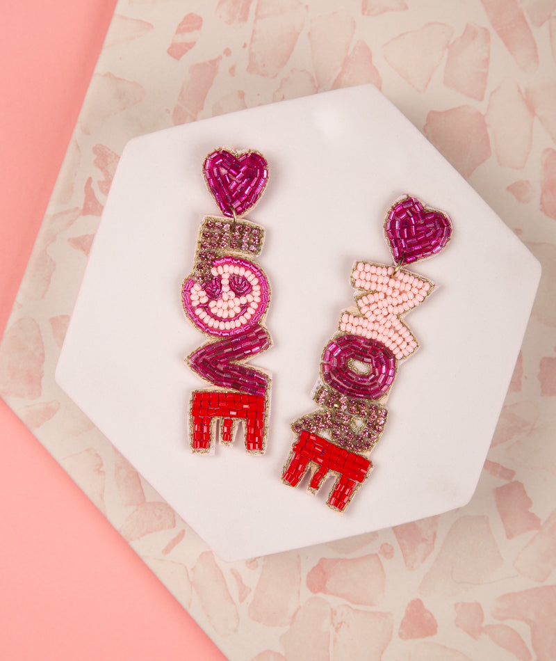 Wesley Smiley Face Love Beaded Long Drop Earrings | Pink