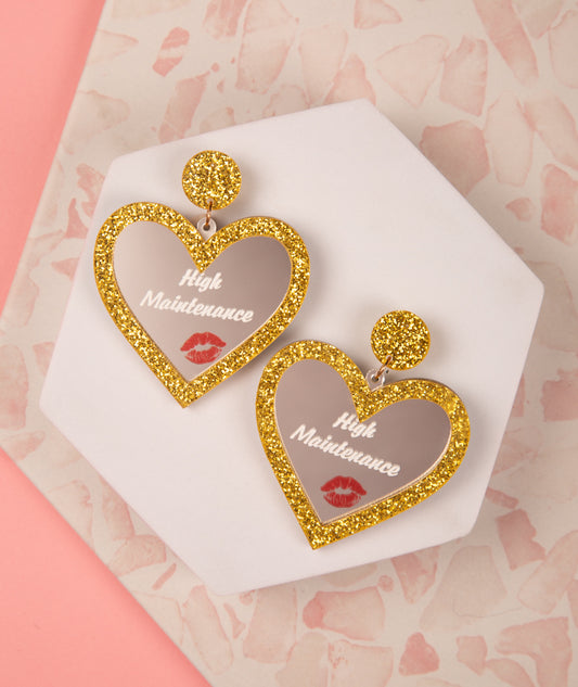 Genevie High Maintenance Heart Shaped Glitter Earrings | Gold