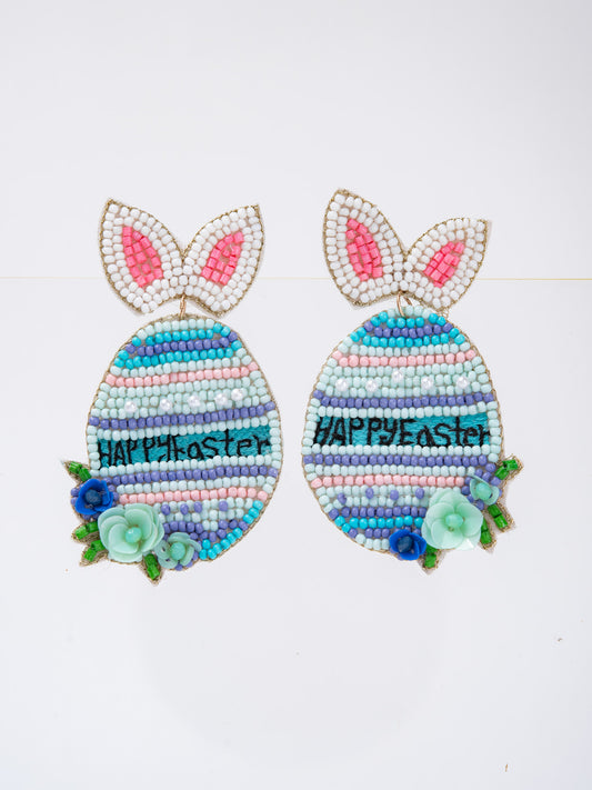 Chloe Happy Easter Floral Striped Egg Beaded Earrings | Blue