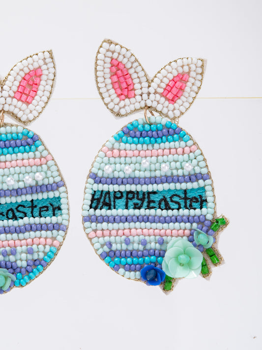 Chloe Happy Easter Floral Striped Egg Beaded Earrings | Blue