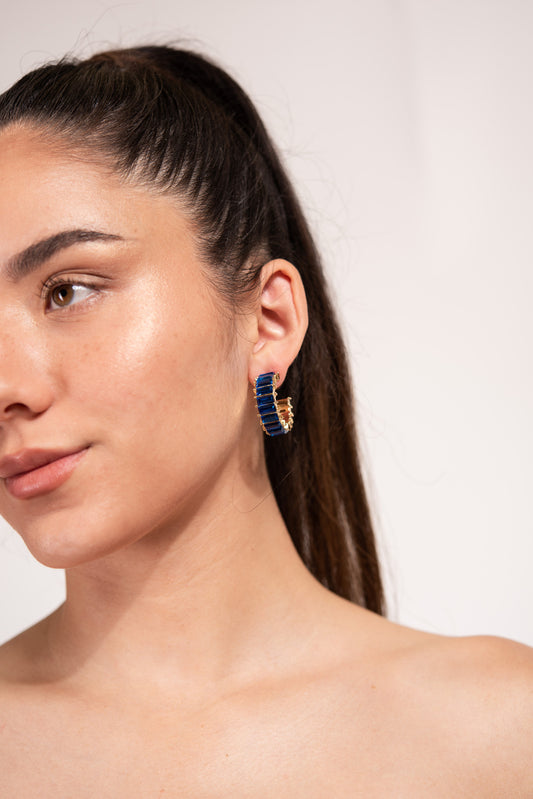 Nadia Rhinestone Baguette Open Hoops | Blue