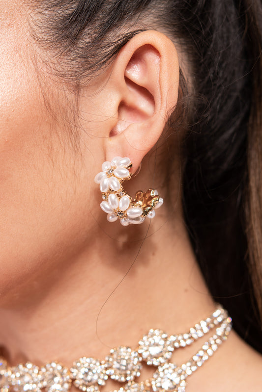 Della Floral Pearl Cluster Open Hoop Earrings | Cream