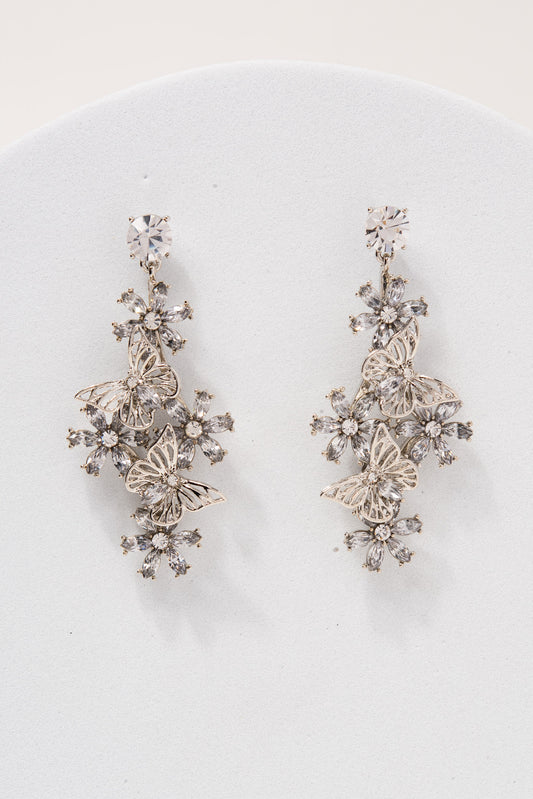Ella Butterfly Crystal Drop Earrings | Silver