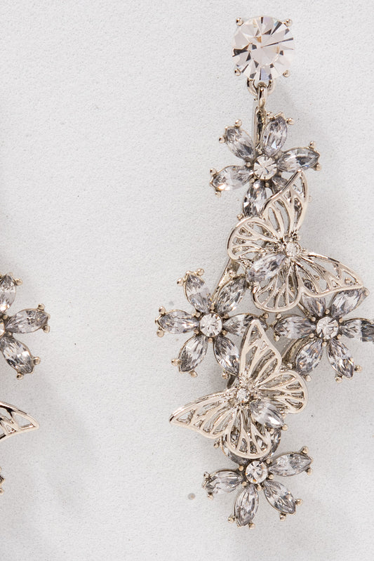 Ella Butterfly Crystal Drop Earrings | Silver