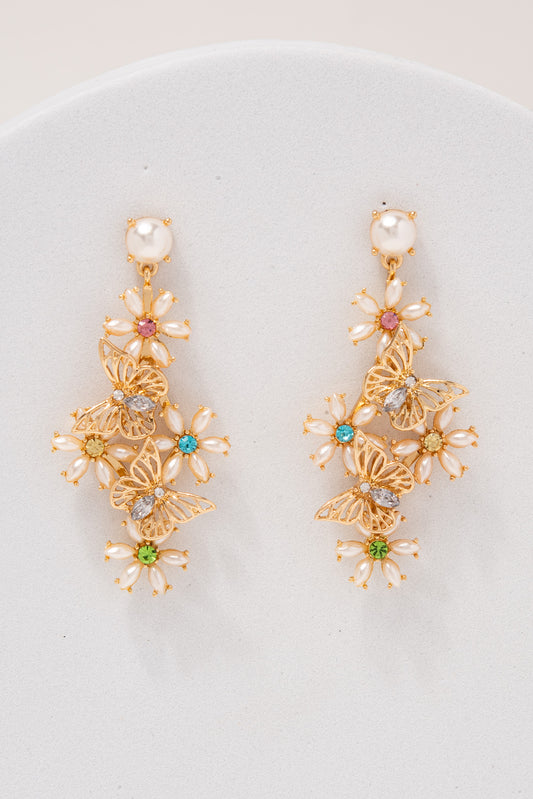 Ella Butterfly Crystal Drop Earrings | Pearl
