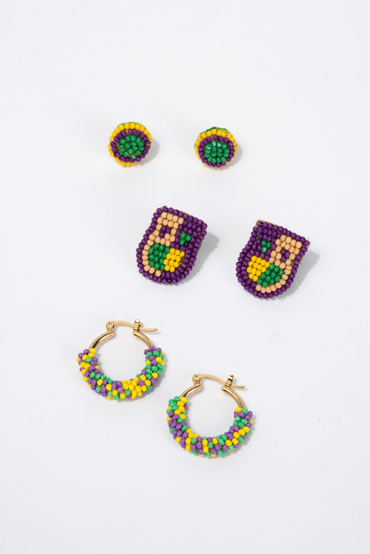Isabel Mardi Gras Tricolor Beaded Assorted Earring Set