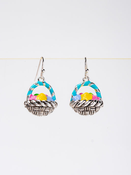 Emily Multicolor Easter Egg Basket Drop Earrings | Silver
