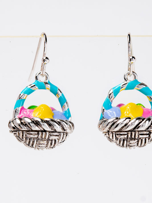 Emily Multicolor Easter Egg Basket Drop Earrings | Silver