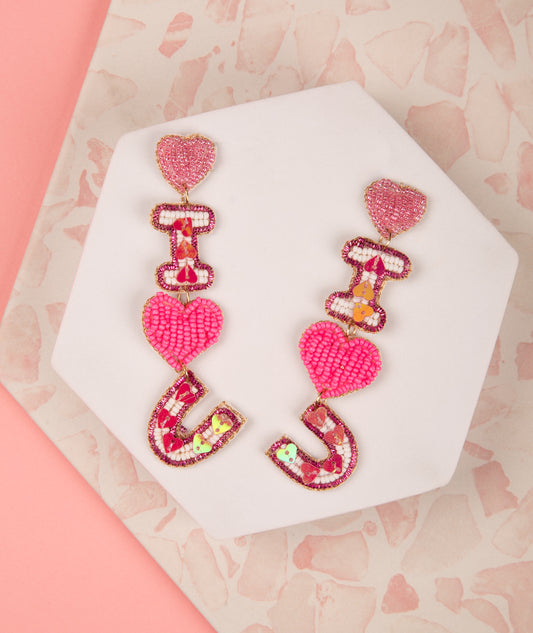 Catherine I Love U Beaded Valentines Letter Earrings | Pink