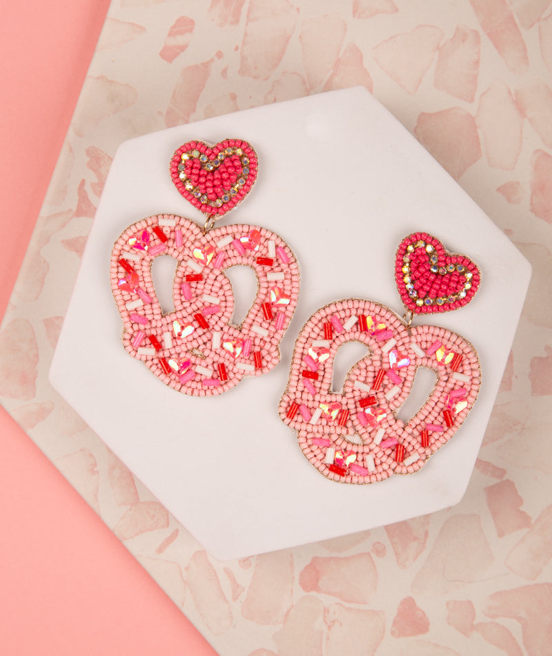 Sprinkle Covered Pretzel Beaded Valentine Earrings | Pink