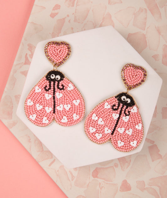 Yuliana Love Bug Valentines Day Jeweled Beaded Earrings | Pink