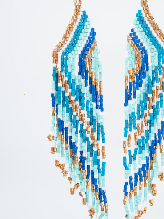 Heather Seed Bead Fringe Dangle Earrings | Blue