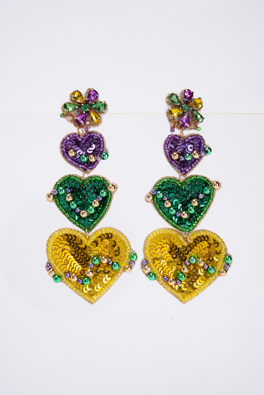 Kaylee Mardi Gras Gemstone Beaded Heart Drop Earrings