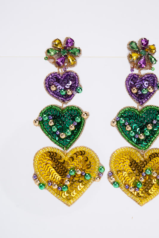 Kaylee Mardi Gras Gemstone Beaded Heart Drop Earrings